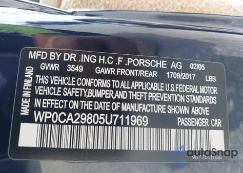 2005 Porsche Boxster z USA, uszkodzony, nr VIN WP0CA29805U711969